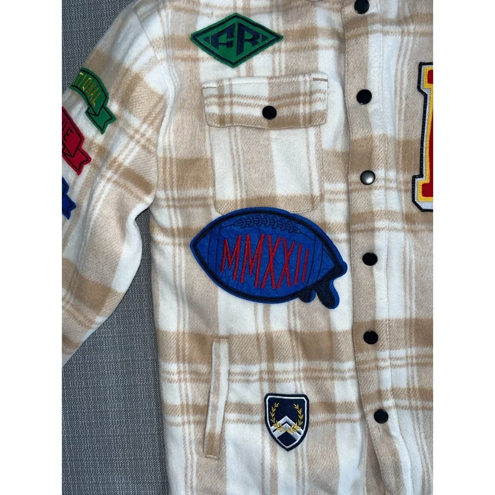 First Row Padding Shacket Mens Large Beige White Check Multi‎ Patches Wool Lined